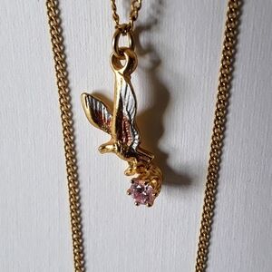 Vintage/Eagle Gold And Silver Necklace/ Pink Birthstone Crystal/Woven Gold Chain